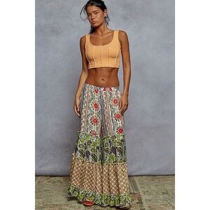 POL Boho Mixed Floral Paisley Patchwork Tiered Ruffle Wide Leg Pants MEDIUM